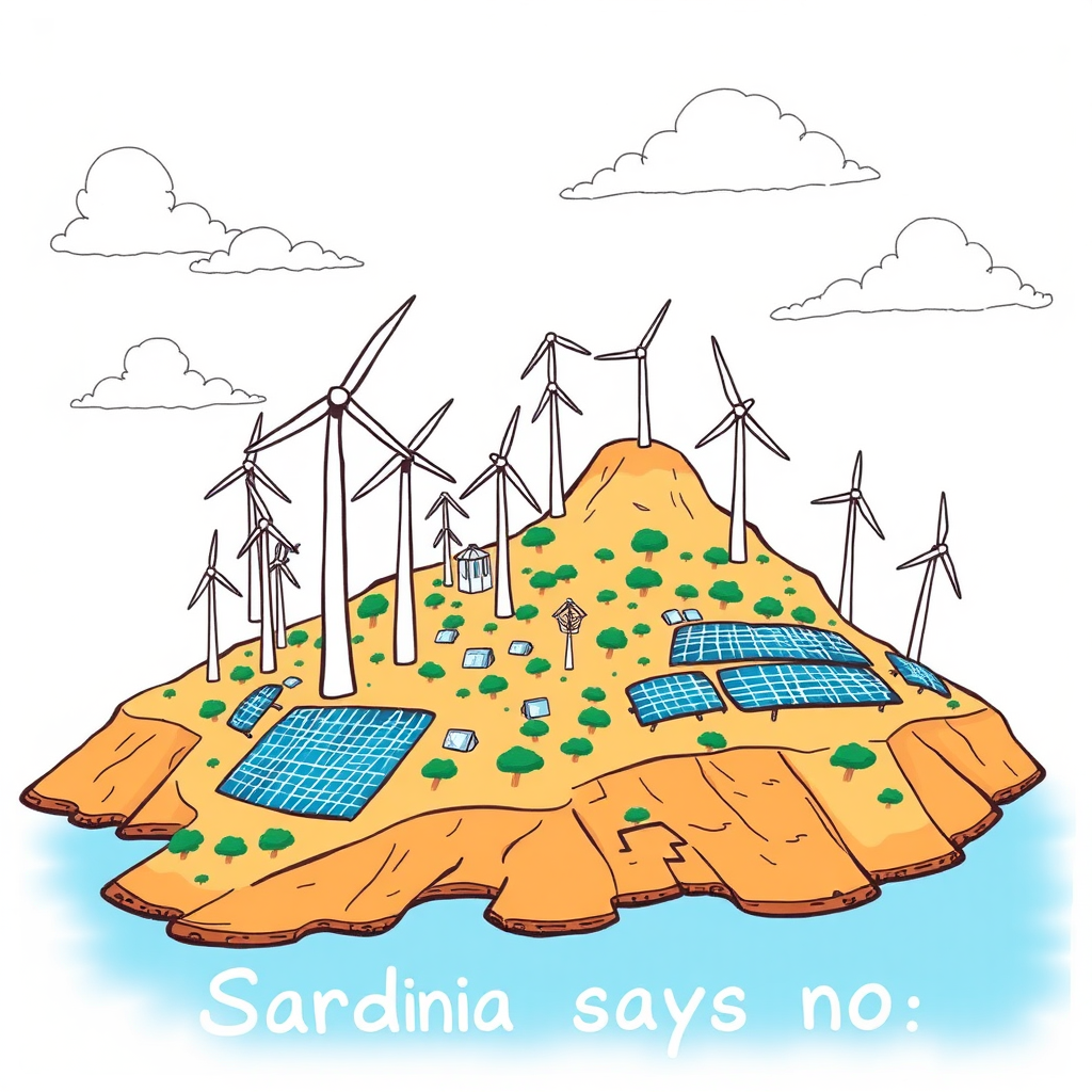 I draw Sardinia, showing it while being overwhelmed by enormous wind turbines and solar panels. The style is a colorful minimalist drawing, text "Sardinia says no."