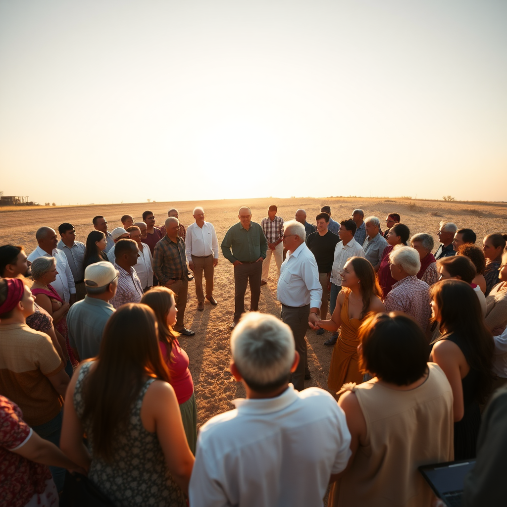 a group of men and women standing in a large circle. everyone is holding hands with each neighbor. in the background there is the sun. view from a drone. two old men are in the center of the circle talking to the others.