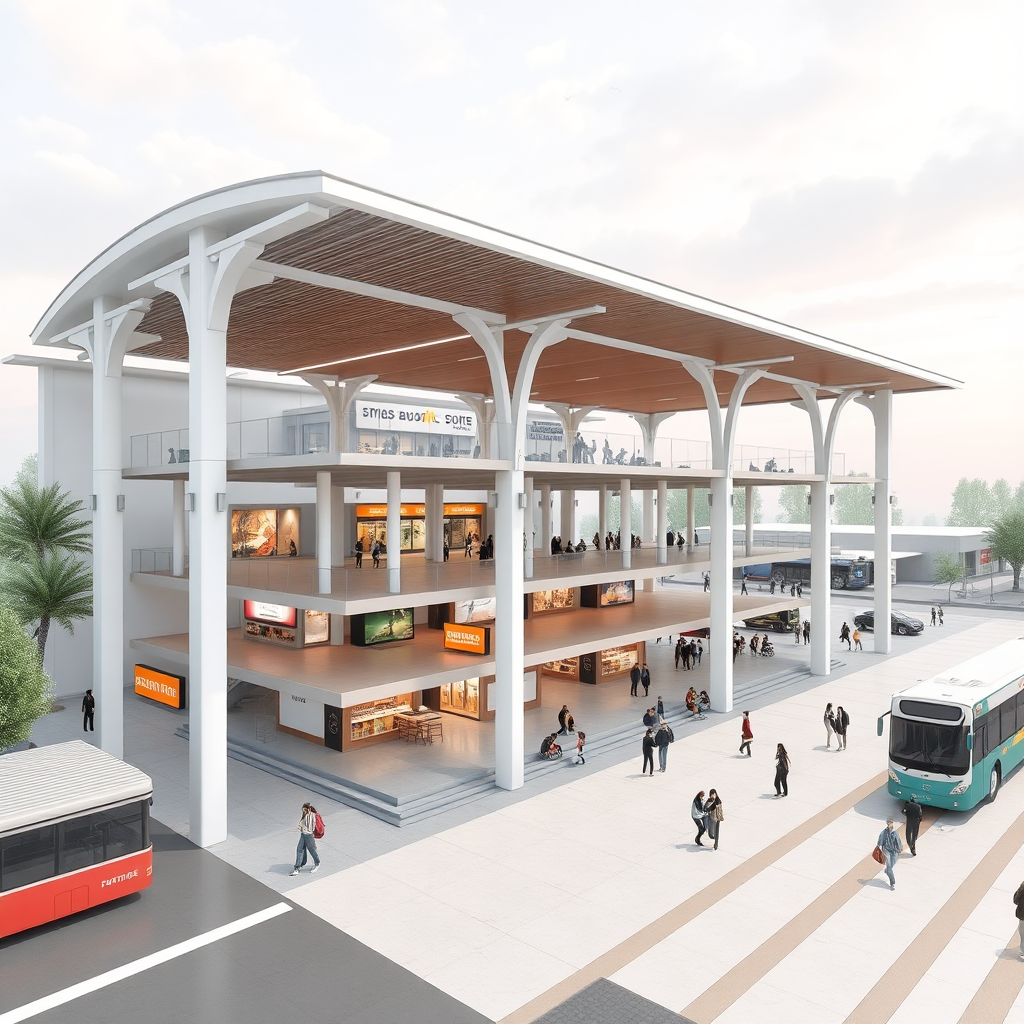 Concept design of bus terminal with stilt floor and staggered flooring with 2 storey structure. Bus terminal should be open, fluid, public space with commercial space.