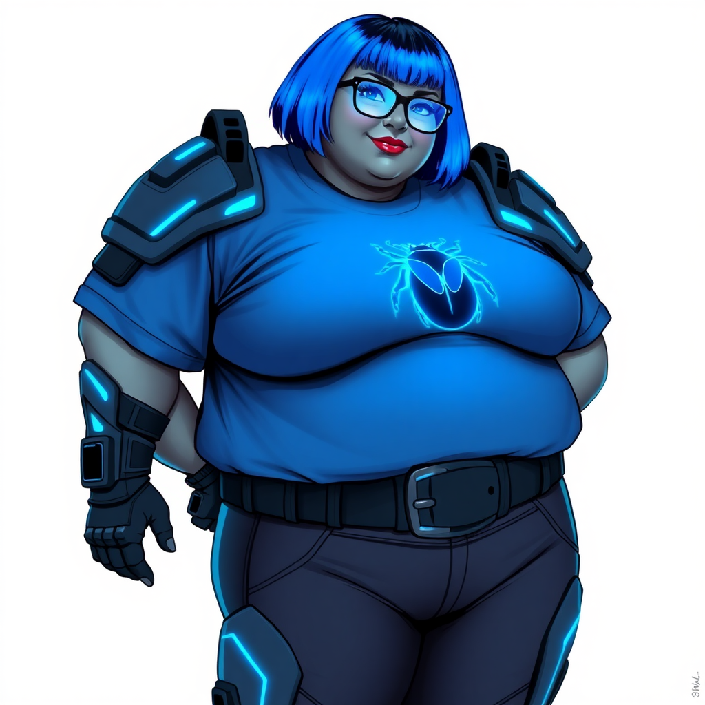 A 28-year-old, full-figured, metallic middle gray skinned computer program hybrid with a vibrant maximum blue bob cut. She has a non-athletic build, highlighted by a prominent, round, large midsection (fully emphasizing her round large belly) while being covered by her large t-shirt, reflecting her new junk food eating habits influenced by her boyfriend. As the full-figured, nerdy, digital sidekick to her cyberpunk vigilante boyfriend, her middle gray metallic skin and maximum blue lipstick underscore her digital essence. She dons a digital, computerized outfit: a large, tight-fitting, high-tech, maximum blue t-shirt with neon blue glowing beetle themed accents complete by a giant neon blue glowing beetle icon on the chest, hi-tech shoulder pads with neon blue accents, a black hi-tech belt with a digital neon blue glowing beetle buckle, digital maximum blue pants with neon blue accents, and black hi-tech gloves with neon blue glowing accents. Her neon blue glowing eyes, black eyeglasses with neon blue glowing lenses equipped with a built-in HUD, and shy smile with neon red blush highlight her nerdiness. She stands bashfully with one hand behind her back and the other gently touching her cheek, her outfit covering all her bare skin and fully emphasizing her full-figured physique (especially her large belly). She is clearly non-athletic, with a heavy focus on her full-figured physique (with full emphasis on her large belly). Despite her build, she radiates beauty. Her slim face contrasts with her physique, accentuating her radiant beauty. She is set against a solid white background. She is drawn as if she were in a retro 2D cyberpunk fighting game.