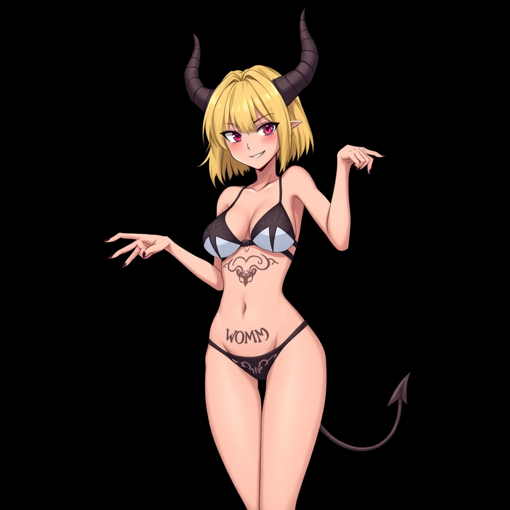 Anime, Black background, A mischievous tall-slender demon girl, short blond hair, wearing sexy-micro bikini-bra-like clothing, g-string, Womb tattoo on belly, mischievous smile, large breasts, full body, long legs,