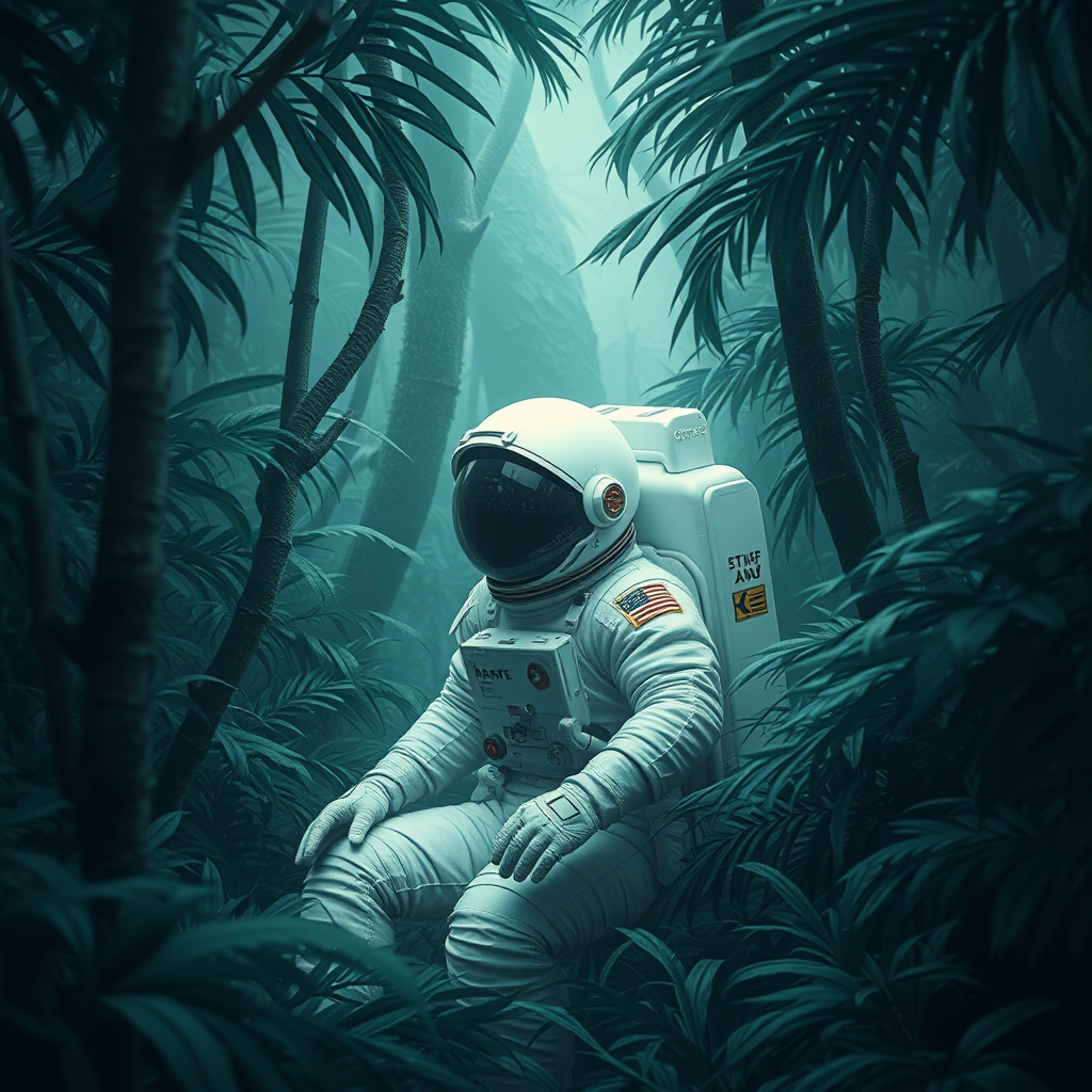 Astronaut in a jungle, cold color palette, muted colors, detailed, 8k