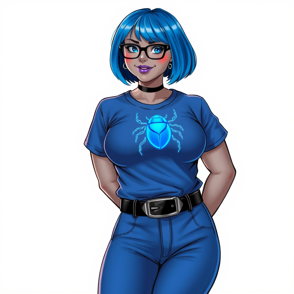 A 28-year-old, full-figured, middle gray metallic-skinned computer program-human hybrid with a maximum blue bob cut. She has a non-athletic build, highlighted by a prominent, round, large midsection. As a digital sidekick, computer hacker, and nerdy girlfriend to her cyberpunk vigilante boyfriend, her middle gray metallic skin and maximum blue lipstick emphasize her digital nature. She wears a costume consisting of an oversized, tight-fitting, maximum blue t-shirt (that accentuates her figure) with a neon blue beetle chest icon, a black belt with a sapphire scarab buckle, maximum blue pants, and black gloves. Her bright blue eyes, black eyeglasses, and lovestruck smile with neon red blush accentuate her nerdiness. She stands bashfully with her hands behind her back, her costume covering all her skin. Her full-figured physique is fully emphasized and clearly not that of an athletic person. She is on a solid white background. She is drawn as if she was in a retro 2D cyberpunk fighting game.