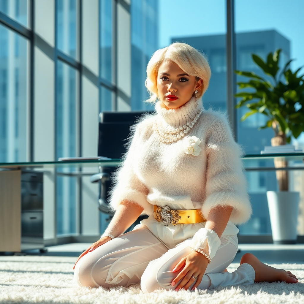 Sunny spring morning, modern glass-steel-concrete office, kneeling on fluffy carpet in front of CEO’s desk: Kimberly, 19 years old very convincing femboy “trophy-bimbo”, tamed servile docile, very beautiful feminine flawless face, rather short, by hormones very curvaceous womanly figured, platinum blond short tight curls, bold red lips, heavily made-up face, wearing Supertanya-style fluffy very fuzzy bright white angora turtleneck-poncho cropped ending under bust decorated with pearls and glass stones, striking oriental wide gold bridal protection belt, white fully transparent harem pants, large pearl earrings, striking diamond “$$$” letter brooch on left chest, pout frustrated, looking at camera. Focus on face and turtleneck-poncho.