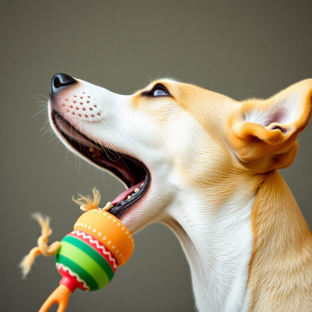 A dog biting a toy, close-up shot, side view of the head, stretching its neck, looking up. open the mouth, opaque