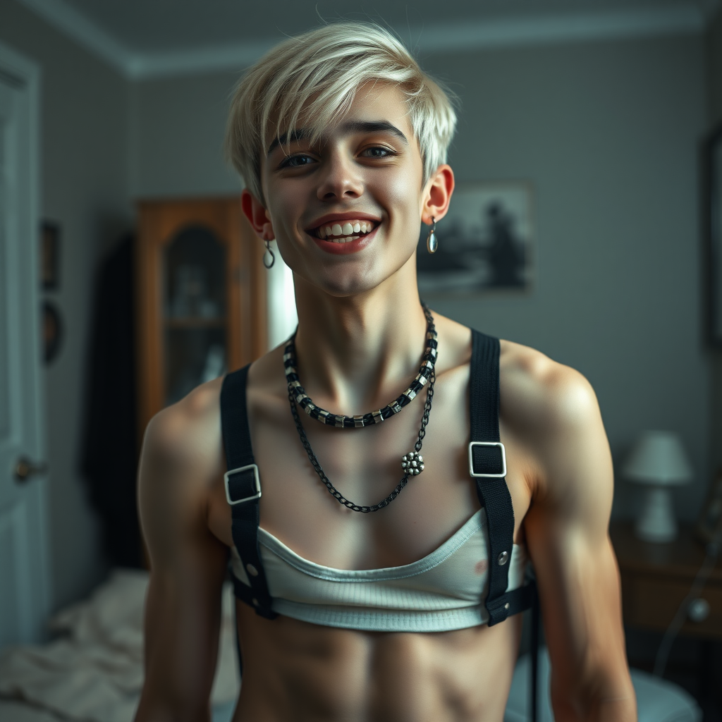 photorealistic, ultra high resolution, 16K, surreal fantasy, studio lighting, a pretty 16 year old goth boy, slim male physique, short blonde hair, goth makeup, earrings, pantyhose, harness, spikey dog collar and leash, trainer-bra, white ballet shoes, in the bedroom, excited smile, facing the camera.