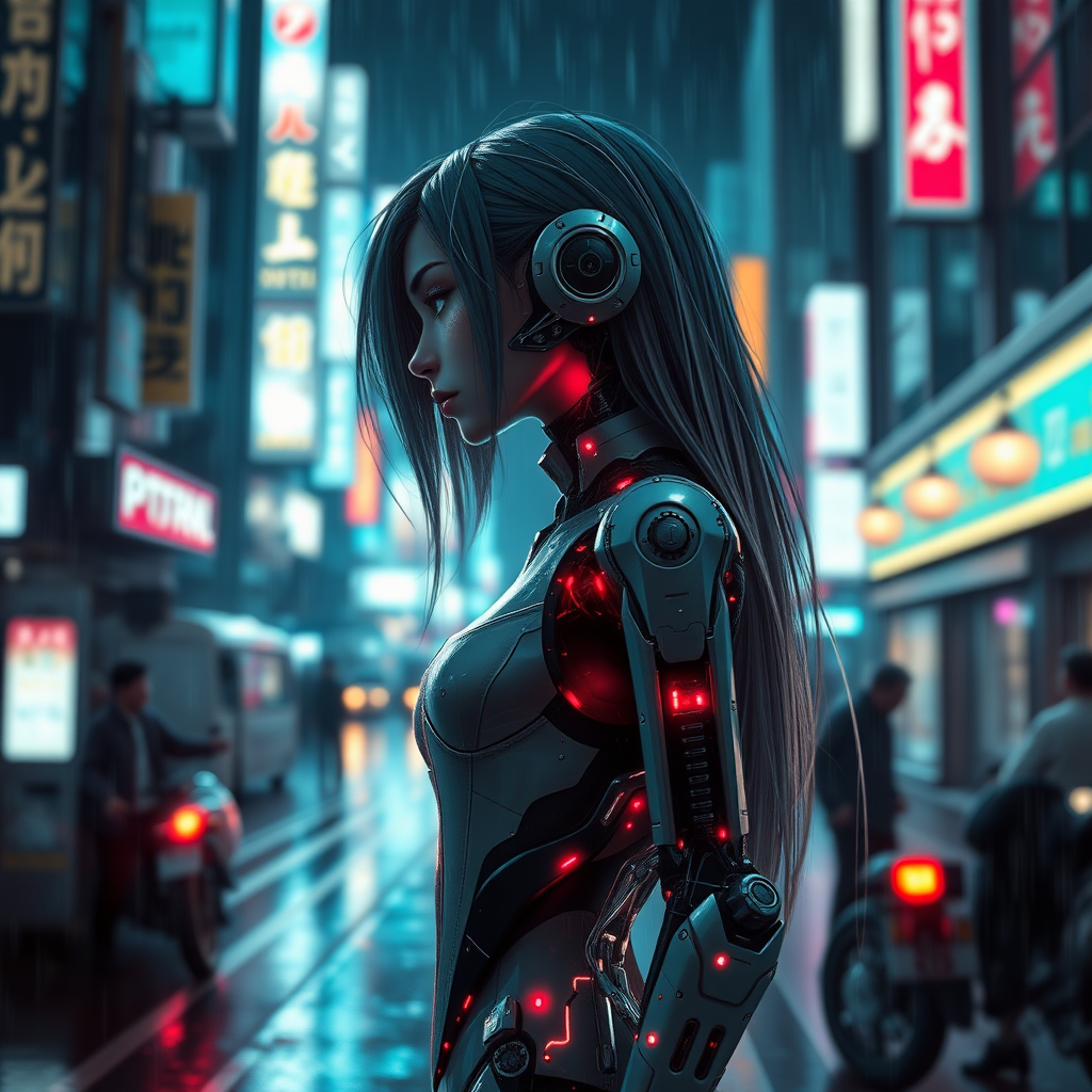 Create a photograph of a cyborg with the following characteristics. 
Cyborg design: Female gender. Standing. Long hair on head. 
Character design: 
Scene: Futuristic. Cityscape. Neon lighting. Night time. Raining.