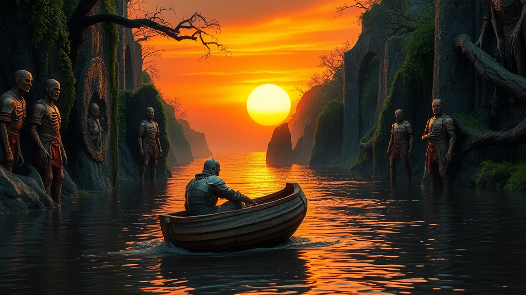 A cinematic still of a wounded knight, clad in battered armor, slumped against the prow of a small, weathered wooden boat. The boat is slowly drifting down a narrow river, the water dark and reflecting the fiery sunset. The river is framed by towering cliffs, their sheer faces etched with ancient ruins, overgrown with vines and gnarled trees. The ruins are partially obscured by thick foliage, with hanging skeletons and rusted warrior armors peeking through. On the riverbank, dark green mystical energy pulsates around figures of zombie knights, their armor rusted and their eyes burning with an unnatural glow. The sunset paints the sky in fiery hues, with a large, glowing sun sinking towards the horizon. The river gradually widens as it flows towards the ocean, glimpsed beyond the distant cliffs, its surface shimmering with the last rays of daylight.