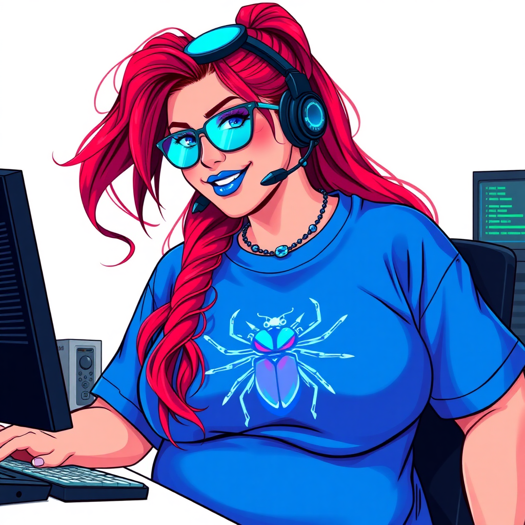 A cyberpunk vigilante’s full-figured intelligent and tech-savvy 29-year-old girlfriend, who is a computer hacker and tech genius. She has a long ruby red ponytail and bright blue eyes. She wears maximum blue lipstick, a sapphire beetle gemstone necklace, sapphire earrings, and an oversized maximum blue t-shirt featuring a neon blue glowing icon of a beetle on its chest. She has a full-figured physique with a prominent, gargantuan, round midsection, reflecting her well-cared-for lifestyle. She sports a sapphire headset with hi-tech maximum turquoise lensed HUD eyeglasses, and a beaming smile with a passionate bright red blush. Despite her figure and a lack of self-esteem, she radiates beauty. She has a slim face which contributes to her radiant beauty. She serves as his tech expert from his hideout, diligently working at her lab table and computer desk. The background is solid white. She is drawn as if she was in a retro 2D cyberpunk fighting game.