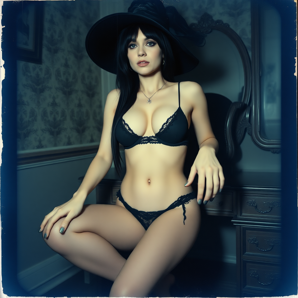 scan of an old polaroid photo with heavy dark vignetting and a blue color tint to the photograph and visible light leaks. The photo depicts a sexy alt goth woman with pale skin and black hair. She has large breasts with ample cleavage and is wearing a tiny revealing bikini bra with triangle shaped cups. She is wearing a witch hat. The image looks hazy and grungy. She is in an old house with wallpaper on the walls. Dark lighting with camera flash used. Candid. she is wearing a tiny revealing lace thong and thigh high stockings. She is sitting on a builtin vanity with a mirror with her knees spread apart. She is wearing black high heels. She has skin texture and visible pores and imperfections.