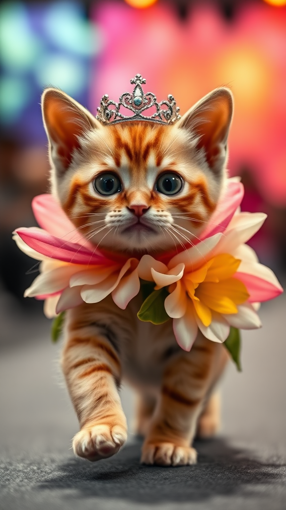 A little chubby cat with big eyes and a pink nose walking on two paws, wearing a real flower costume and a beautiful crown, doing a ramp walk in a fashion show.