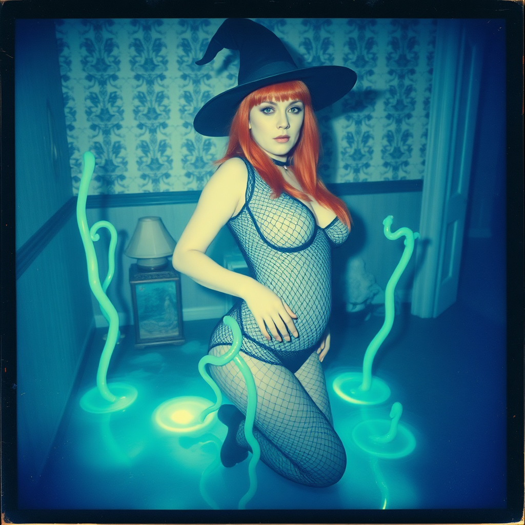 An old polaroid photo with heavy dark vignetting and a blue color tint to the photograph and visible light leaks. The photo depicts a sexy alt goth girl with pale skin and red hair. She has a plump booty. She has large breasts with ample cleavage and is wearing a black fishnet bodysuit. She is wearing a witch hat. She is surrounded by glowing translucent green vine coming out of magic bright glowing pools of water on the floor, wrapped around her arms and legs. She is straddling a green vine between her legs. The image looks hazy and grungy. She is in an old house with wallpaper on the walls. Dark lighting with camera flash used. Candid