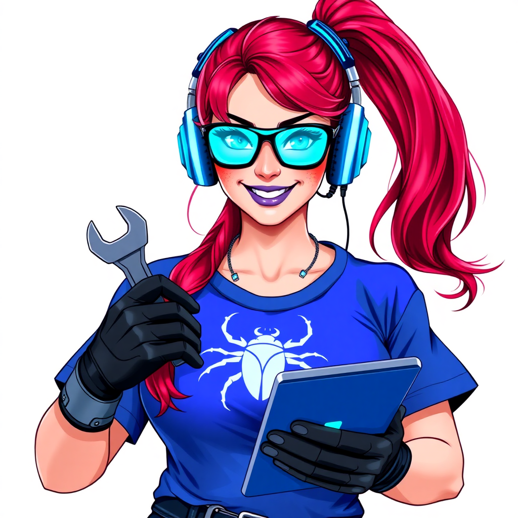 A full-sized intelligent and tech-savvy 28-year-old computer hacker and tech genius. She has a long ruby red ponytail. She wears maximum blue lipstick, blue eyes, a sapphire beetle gemstone necklace, sapphire earrings, black eyeglasses, hi-tech power gloves, and an oversized maximum blue t-shirt featuring a neon blue glowing beetle chest icon. She has a full-figured physique with a large prominent wrecking ball-sized midsection, reflecting her well-cared-for lifestyle. She sports a sapphire headset with a hi-tech maximum turquoise lensed HUD, and a beaming smile accentuated by a passionate neon red blush. She serves as his tech expert from his hideout, holding a futuristic tool wrench and a futuristic digital tablet. The background is solid white. She is drawn as if she was in a retro 2D cyberpunk fighting game.