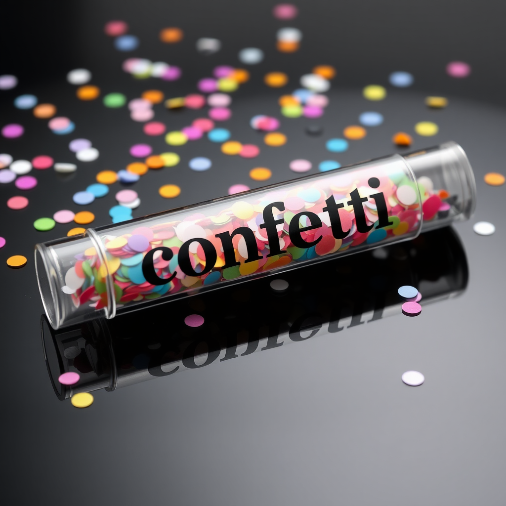 A photo of a glass fat transparent plain uniform confetti popper tube with colorful confetti inside and with text "confetti" on it, lying flat at an angle on black glossy surface, with confetti around it, white bold text with a black border, reflections on the tube glass, tube closed from both ends.