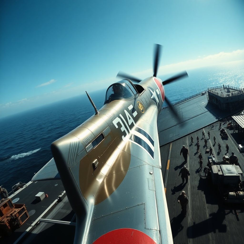 During World War II, a Japanese Zero fighter with unique markings is preparing to take off on a huge aircraft carrier, the fuselage shining with metallic luster, the pilot looking nervous, the aircraft carrier deck busy and noisy, realistic style, strong sunlight, top light, close-up perspective