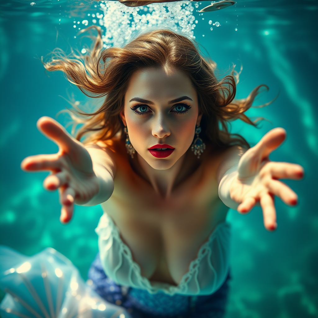 Vegas Showgirl as a mermaid underwater loose hair floating in a nimbus around her beautiful face her arms outstretched towards the viewer and she's looking down into the viewer's eyes making intense eye contact. loose fitting diaphanous. Real DSLR HD Photography. Burlesque