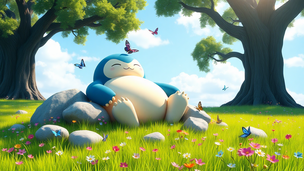 A digital illustration in a 3D rendering style depicts a serene and relaxing scene set in a lush meadow under a bright blue sky with scattered white clouds. The central figure is Snorlax, a large, blue and white Pokémon character with a round body, closed eyes, and a content expression, sitting comfortably among rocks in a vibrant green grassy field. Snorlax's body is curved, and it rests its head on one of the gray rocks, with sunlight creating shadows on its rounded belly. Its arms and legs are spread out, with lighter beige fur visible on its paws. The meadow is scattered with small, colorful flowers in shades of pink, purple, and blue, creating a tapestry of colors across the landscape. Several butterflies of various sizes and colors, including blue, yellow, pink, and light green, are seen fluttering around Snorlax and resting on the rocks and grass. One butterfly is perched on Snorlax's head, while another is on its belly. The background features two large trees with thick, dark brown trunks and branches extending overhead, their leaves depicted in various shades of forest green, creating a canopy of shade. The sky above is clear and light blue, with soft, white clouds. The scene is brightly lit by natural sunlight, casting soft shadows and highlighting the vibrant colors of the landscape. The overall mood is peaceful and idyllic, enhanced by the high contrast, saturation, luminance, and the balanced exposure of the image. The composition follows the rule of thirds, with Snorlax placed slightly off-center to the left, creating a harmonious and visually appealing image that captures the essence of a tranquil moment in nature.