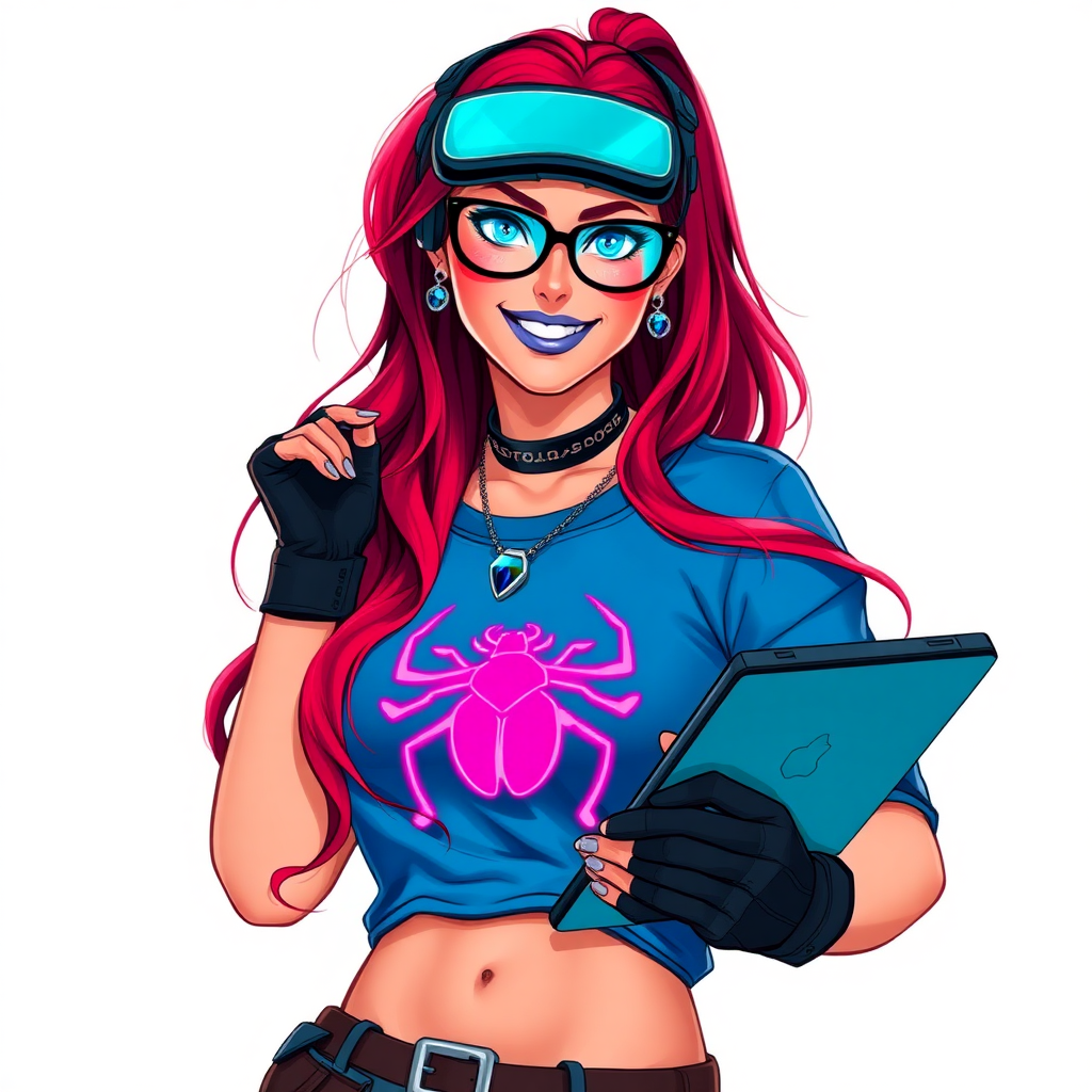 A cyberpunk vigilante’s intelligent and tech-savvy 29-year-old girlfriend, who is a computer hacker and tech genius. She has a long ruby red ponytail. She wears maximum blue lipstick, blue eyes, a sapphire beetle gemstone necklace, sapphire earrings, black eyeglasses, hi-tech power gloves, and an oversized maximum blue t-shirt featuring a neon blue glowing beetle chest icon. She has a full-figured, well-rounded physique with a large prominent midsection, reflecting her well-cared-for lifestyle. She sports a sapphire headset with a hi-tech maximum turquoise lensed HUD, and a beaming smile accentuated by a passionate neon red blush. She serves as his tech expert from his hideout, holding a futuristic tool wrench and a futuristic digital tablet. The background is solid white. She is drawn as if she was in a retro 2D cyberpunk fighting game.