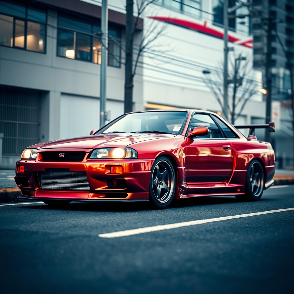 metallic shine nissan skyline r34 the car is parked on the side of the road, inspired by Taiyō Matsumoto, tumblr, restomod, nd4, c4 cold colors