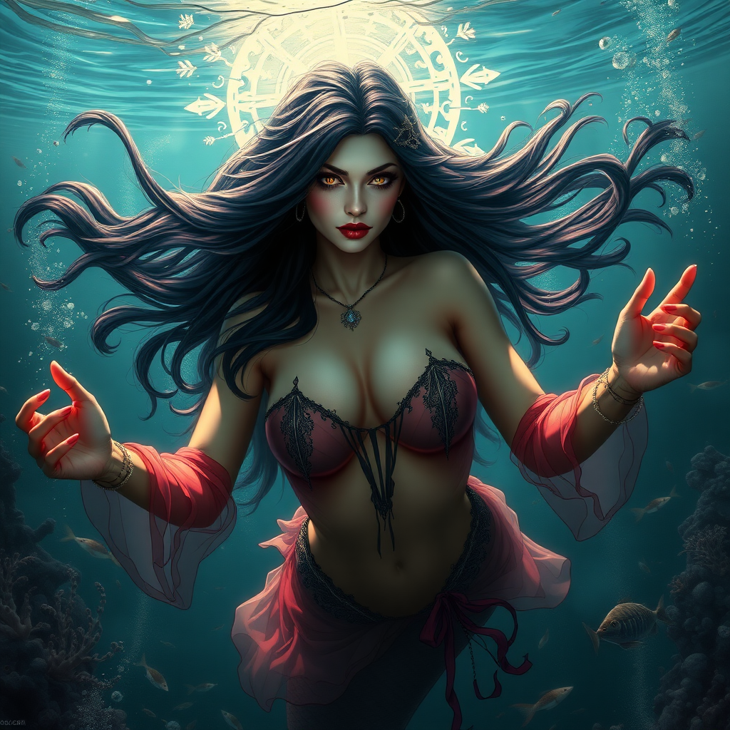 Vampirella as a mermaid underwater amazing loose flowing hair floating in a nimbus around her beautiful face her arms outstretched towards the viewer and she's looking down into the viewer's eyes making intense eye contact. loose fitting diaphanous. Burlesque. Stunning undersea life details plants and fish and other creatures of the sea. Powerful three dimensional graphic effects.