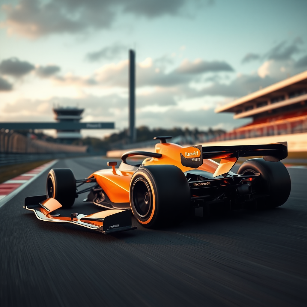 f1 mclaren car aesthetic cinematic photo in a race track