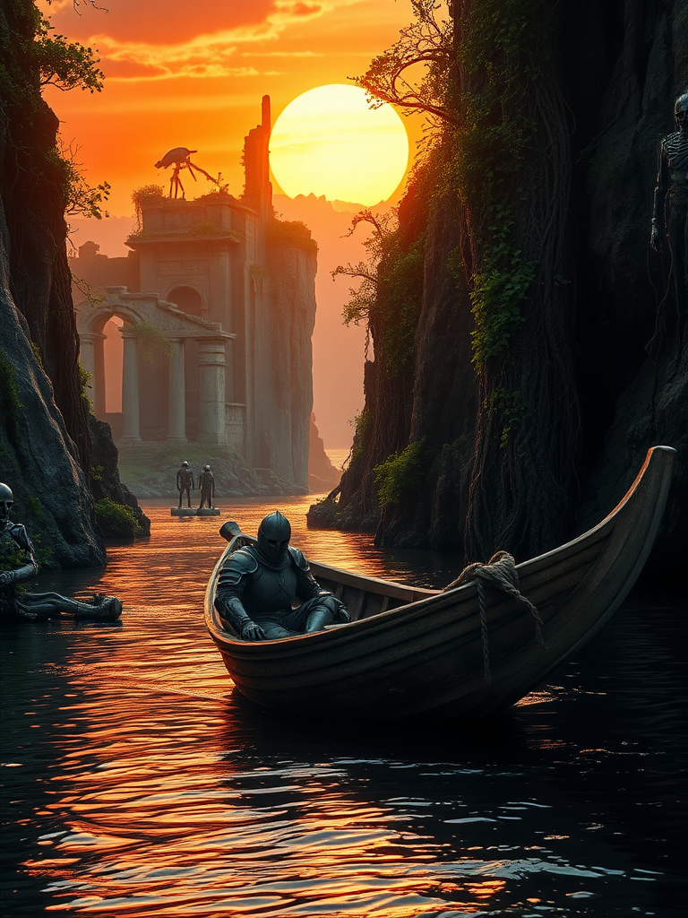 A cinematic still of a wounded knight, clad in battered armor, slumped against the prow of a small, weathered wooden boat. The boat is slowly drifting down a narrow river, the water dark and reflecting the fiery sunset. The river is framed by towering cliffs, their sheer faces etched with ancient ruins, overgrown with vines and gnarled trees. The ruins are partially obscured by thick foliage, with hanging skeletons and rusted warrior armors peeking through. On the riverbank, dark green mystical energy pulsates around figures of zombie knights, their armor rusted and their eyes burning with an unnatural glow. The sunset paints the sky in fiery hues, with a large, glowing sun sinking towards the horizon. The river gradually widens as it flows towards the ocean, glimpsed beyond the distant cliffs, its surface shimmering with the last rays of daylight.