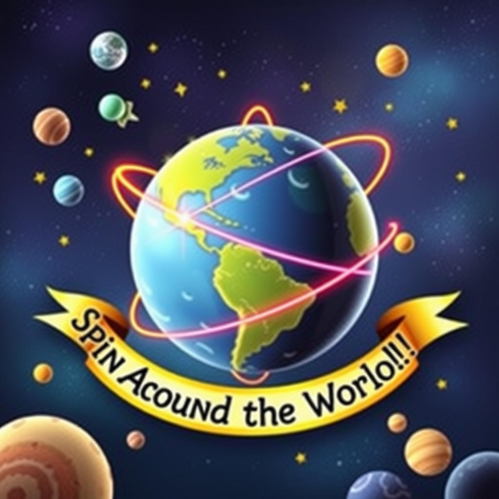 An imaginative scene showing a globe with vibrant lines illustrating its axis, surrounded by stars and planets, with a banner saying, "Spin Around the World!"