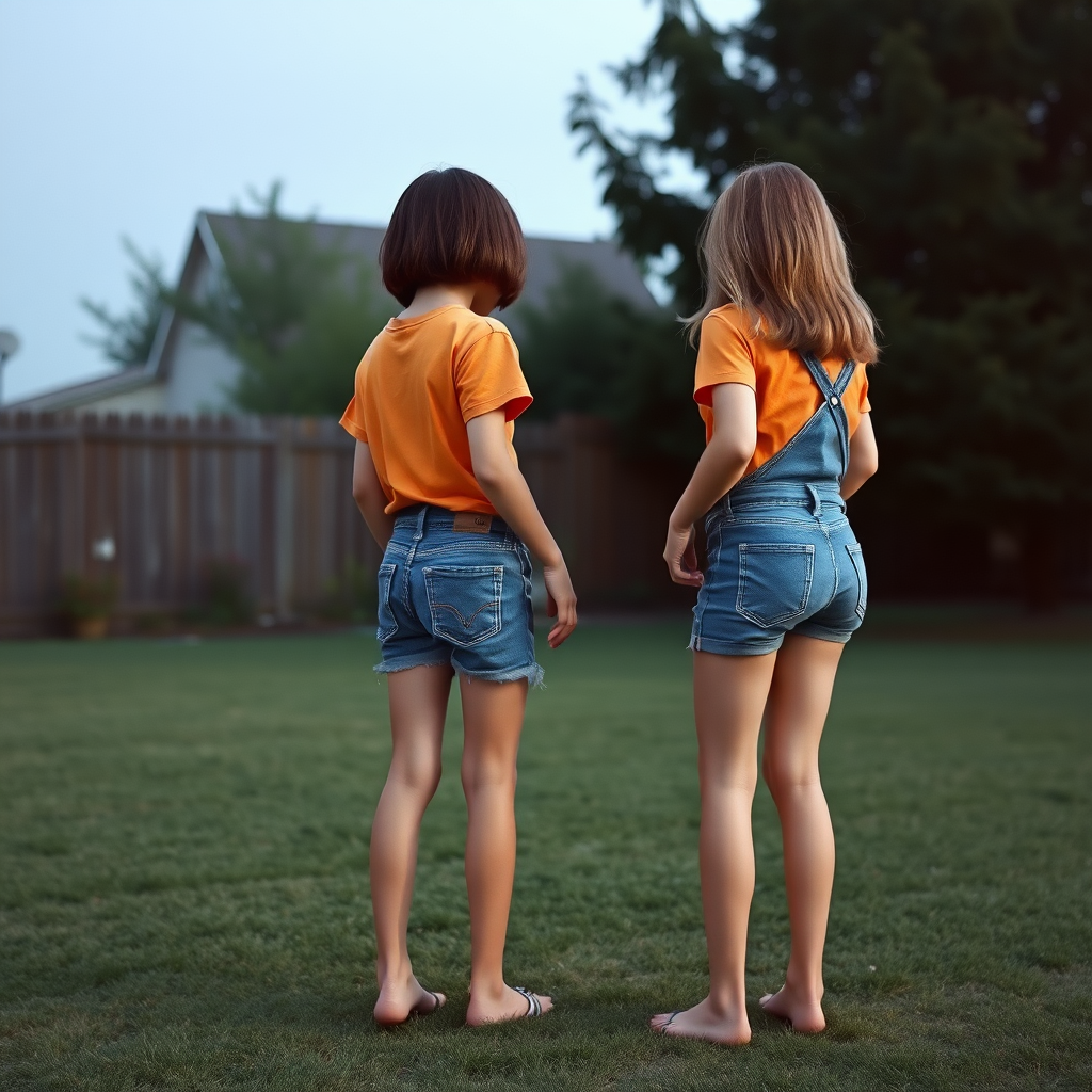 two tall 14yo teen boys, long hair bob cut, wearing shirts and very tight booty shorts or denim tight booty Shortall, long legs, narrow thighs, full-length front view. 1970s. Playing at backyard. photorealistic, ultra high resolution, 16K, Negative: grainy, blurry, bad anatomy, extra limbs, watermark.