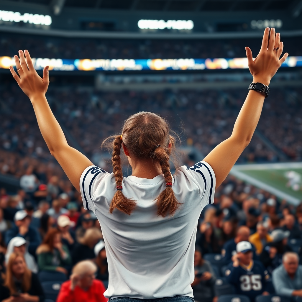 Attractive female NFL fan, pigtail hair, inside bleachers, crowded, jumping, arms raised, NFL stadium