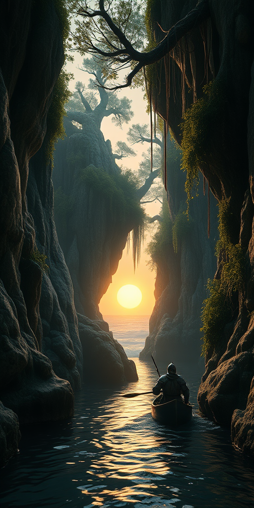 epic cinematic film low angle with interesting cliff rock formations with overhanging trees and vines with ruins. a wounded knight navigating in the river in between cliffs with trees and foliage, hanging skeletons and armor, revealing the ocean in the background with a big sun in low in the horizon, sunset. Movie matte painting