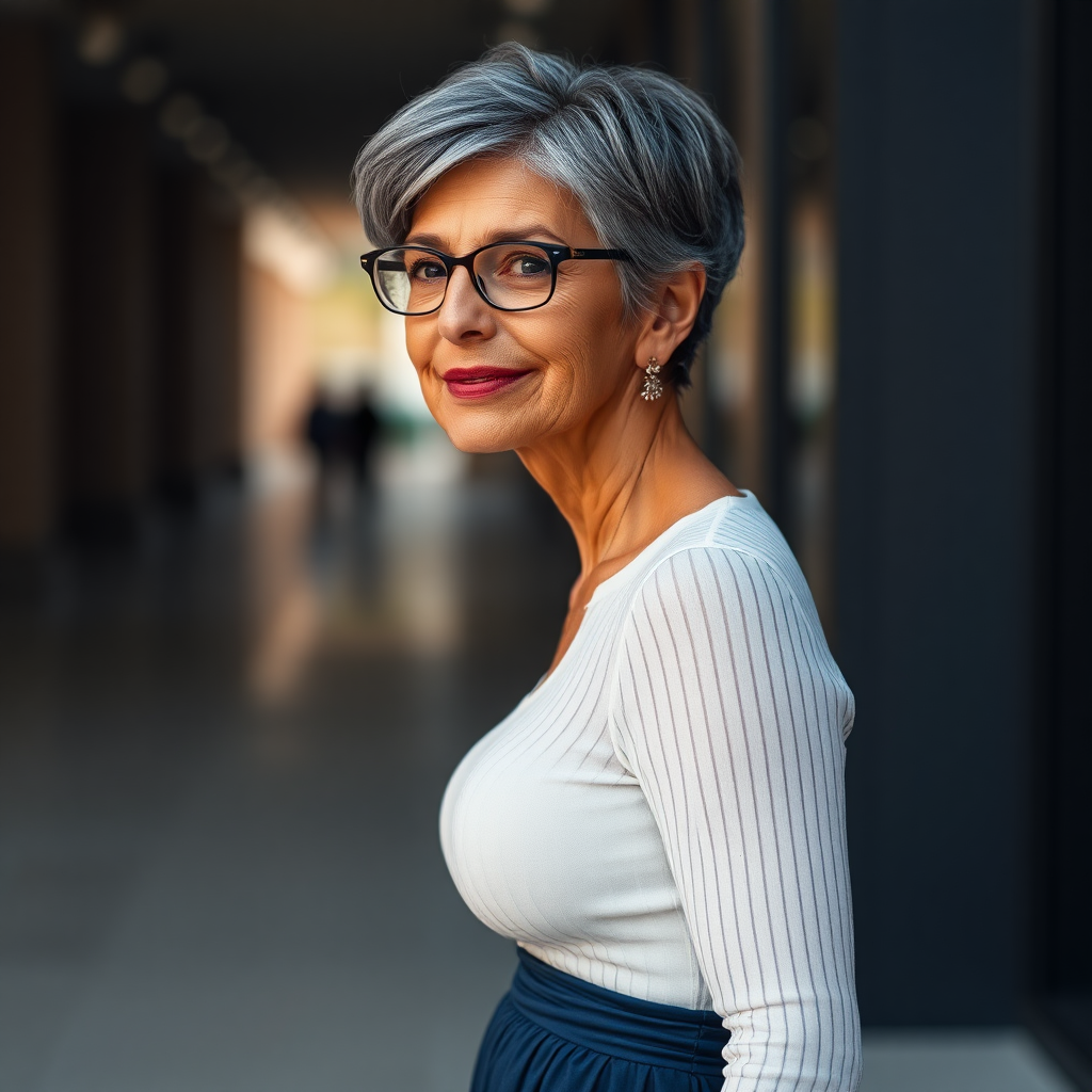 sexy Woman, 45 Years old, European, Latina, sharp aquiline nose, wrinkles, high cheekbones, Middle Eastern, Skinny, Tanned skin, Dark light skin, Makeup, Serious face, frowning, smiling, jewelry, Ash dark grey hair, bowl haircut, Slicked short hair, Short hair, black eye color, Glasses, detailed features, tight white and blue striped sheer shirt, bra line, pleated micro navy blue skirt, long legs, high heels sandals, round ass, walking, full body, long establishing shot, side back view