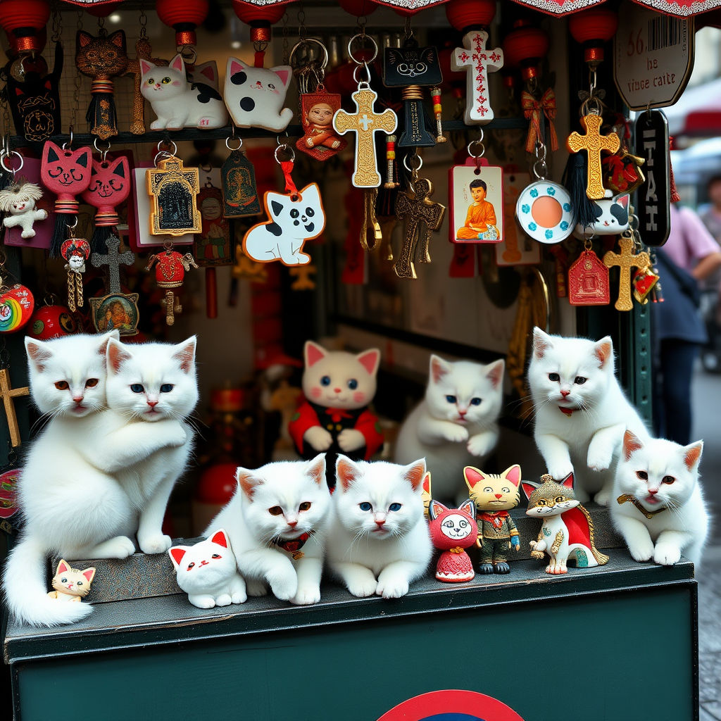 A street stall staffed by white kittens filled with kitschy keychains for tourists in hell, cats, Catholic, vampire, cross, Buddhism, tacky, rainbow, raining