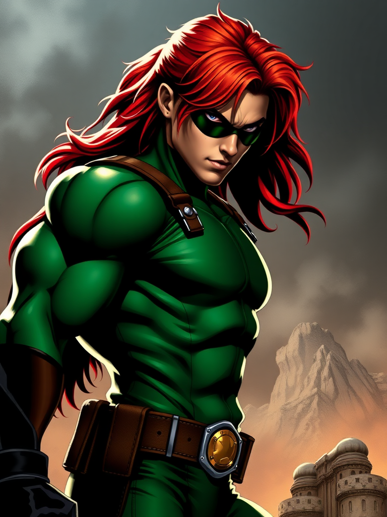 Create a hyper-realistic image of Marvel Comics character Rogue, but with the body type of Ken Masters from Street Fighter, ensuring that Rogue's head remains intact. Adjust the silhouette accordingly to blend both characters' features. Design a background setting that is suitable and visually appropriate for the characteristics and worlds of both Rogue and Ken Masters.