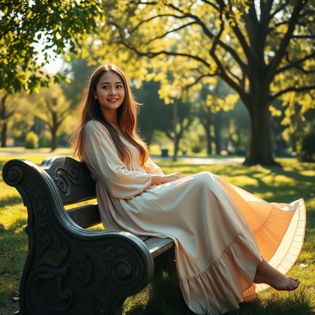 In a serene park bathed in the warm, golden hues of late afternoon sunlight, a young woman finds solace on a weathered wooden bench, meticulously carved with intricate designs that tell stories of visitors long past. She wears a long, flowing dress that billows around her like a gentle ocean wave, its fabric a soft blend of pastel colors resembling a blooming garden in spring. The delicate material catches the playful breeze, causing the hem to dance gracefully around her ankles. 

Her long, lustrous hair cascades down her shoulders, swaying lightly in the wind, capturing the sunlight and shimmering like strands of spun gold. A gentle smile graces her lips, reflecting a sense of tranquility and contentment as her bright eyes gaze thoughtfully at the vibrant scenery around her. The air is filled with the sweet fragrance of blooming roses and freshly cut grass, mingling with the soft, melodic chirping of birds perched in nearby trees. 

Dappled sunlight filters through the expansive canopy of leafy branches overhead, casting playful patterns of light and shadow across the ground, while a gentle rustle of leaves sings a soothing lullaby. As she sits, lost in her peaceful reverie, a sense of harmony envelops her, making the bustling world beyond the park seem like a distant memory.