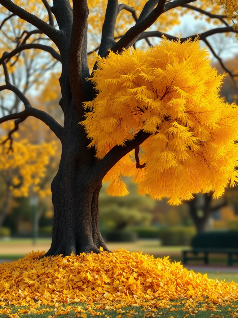 Draw it as if it were real, with an old, large, yellow ginkgo tree standing on the right, and ginkgo leaves piled up underneath, to express the fall when the ginkgo leaves fall, and the background should be out of focus to express an autumn park.