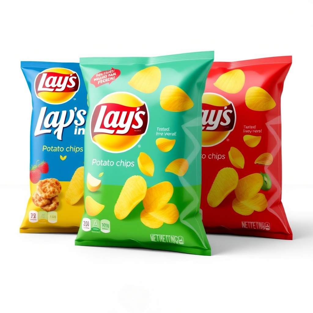 Design a contemporary and striking packaging for Lay's potato chips that reflects the brand's lively and fresh persona. The design must feature vivid colors, whimsical graphics, and a prominent logo. Include elements that emphasize the range of flavors, like ingredient illustrations or lively motifs. The packaging layout needs to be intuitive, ensuring the flavor name and nutritional details are easily readable. Strive for a design that attracts both the youth and families, creating an engaging and welcoming feel. Experiment with various packet shapes or textures to ensure shelf distinction.