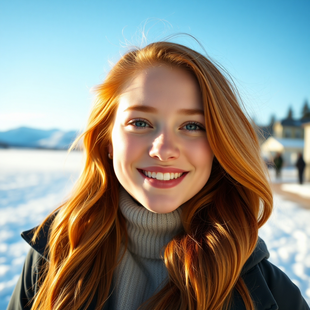 beautiful young woman with lush ginger cherry blonde long hair, happy full lips, on Alaska Anchorage in sunny snow