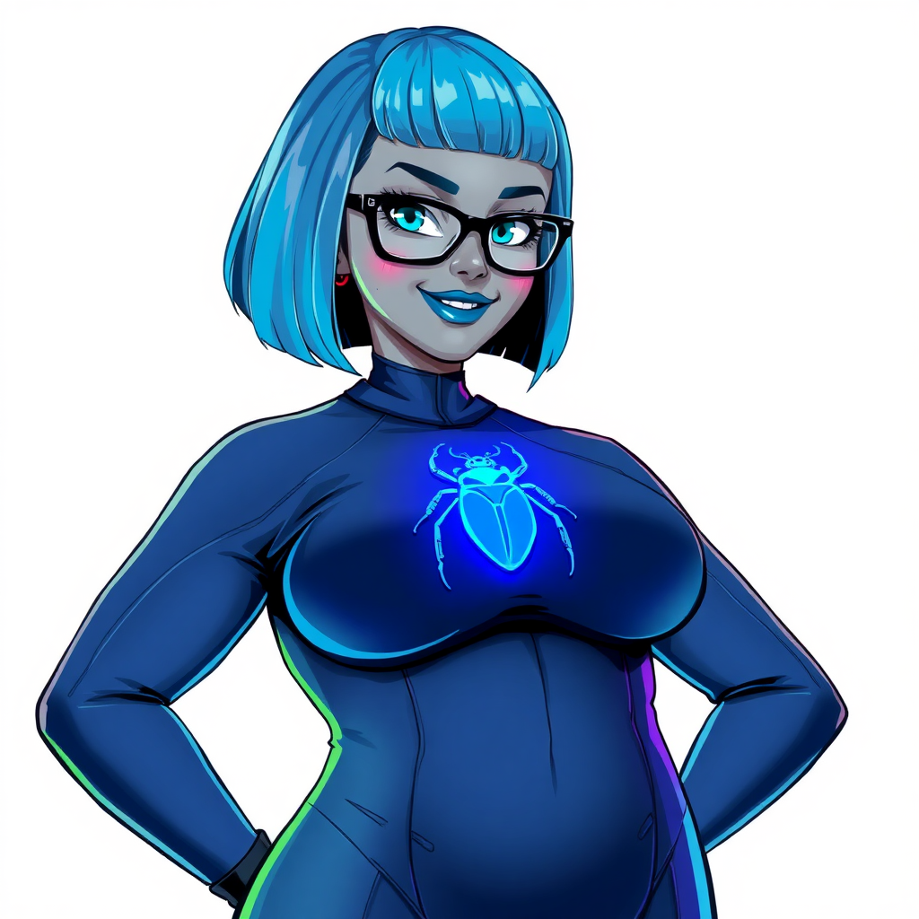 A 28-year-old, full-figured, middle gray metal skinned computer program-human hybrid with a maximum blue bob cut. She has an obvious non-athletic build. She is the digital sidekick, computer hacker, and nerdy girlfriend of her cyberpunk vigilante boyfriend. Her middle gray metallic skin, distinct from any other character, highlights her digital nature. She wears maximum blue lipstick and has bright blue eyes. Her outfit includes an oversized, loose fitting, digital, computerized, maximum blue full bodysuit (accentuating her non-athletic figure) with a neon blue glowing chest icon of a beetle on its chest and black gloves. Black eyeglasses accentuate her nerdiness, and she has a lovestruck smile with neon red blush. Her non-athletic full figure consists of a prominent, gargantuan, round midsection (with the full emphasis on her round gargantuan belly), gigantic limbs, and broad shoulders, reflects the doting care of her vigilante boyfriend. She has a bashful pose with her hands behind her back on a solid white background. She is drawn as if she was in a retro 2D cyberpunk fighting game. Ensure her oversized loose fitting full bodysuit covers all her bare skin (especially her prominent round gargantuan belly). Her oversized loose fitting full bodysuit is influenced by Watchmen's Silk Spectre II. She is clearly non-athletic, with emphasis on her full-figured and pudgy physique.