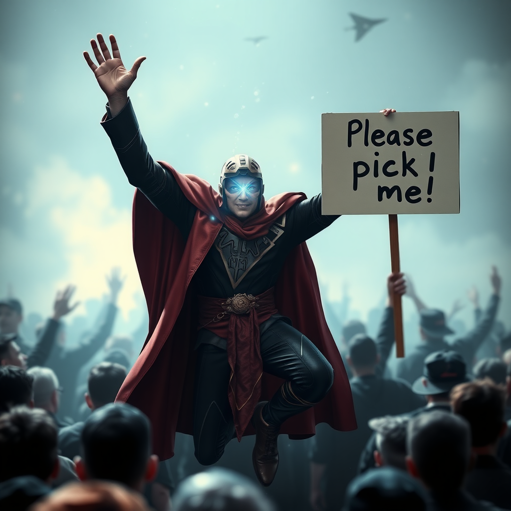 An ethereal mystic superhero eagerly jumps out of a crowd raising and waving his hand. His other hand holds a sign that reads "Please pick me!"