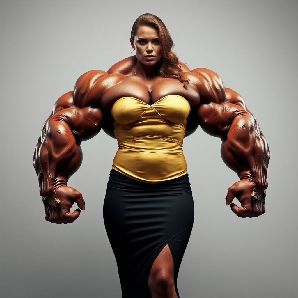 jacked massive huge bodybuilder girl, strapless dress