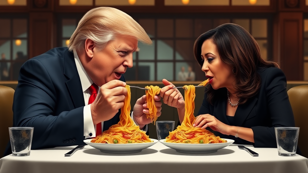 Photoreal style. ratio: 16:9. Donald Trump and Kamala Harris eating in an Italian restaurant a la the one in 'Lady and the Tramp.' Both humans are eating spaghetti from the same plate, only using their hands, and end up eating the same piece of spaghetti, making their heads meet.