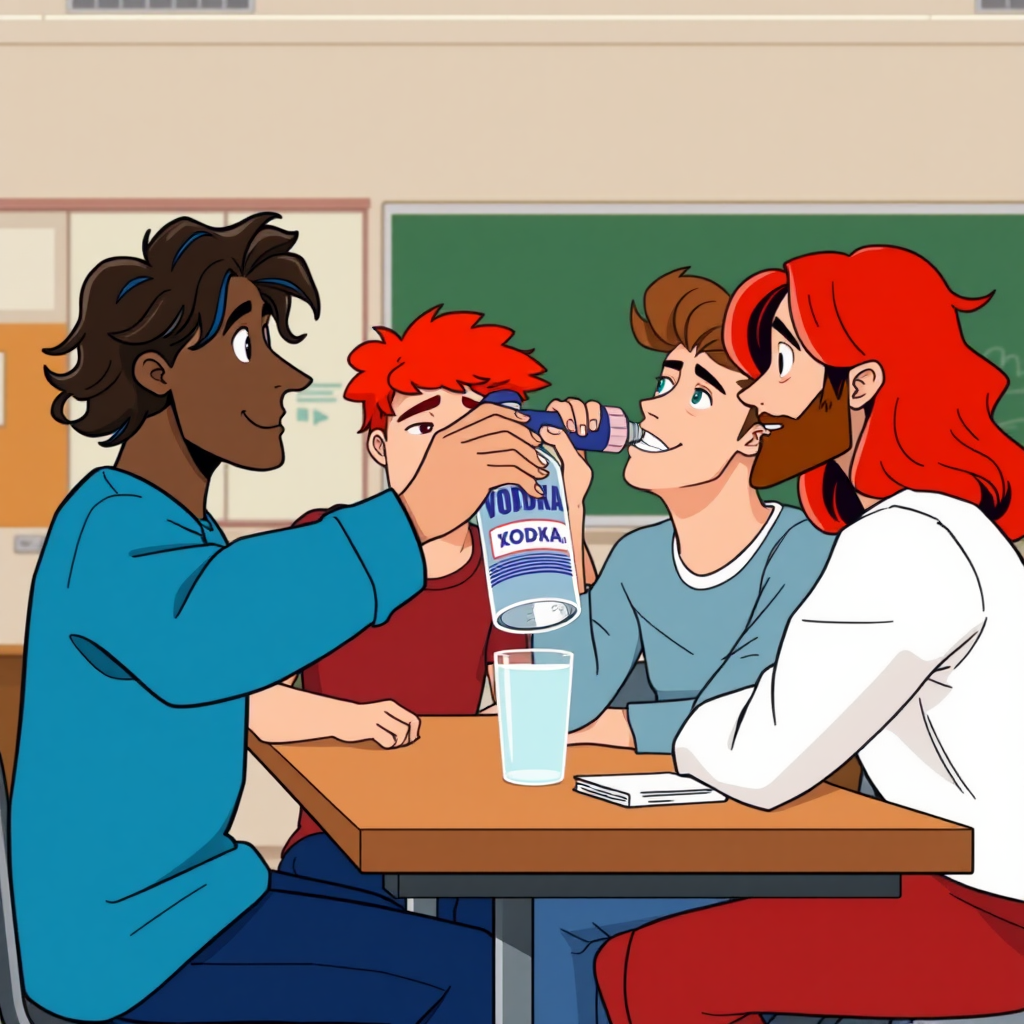 A black person with wavy hair, a short curly red-haired guy, a long-haired brown guy, and a non-binary person with red hair are all drinking a bottle of vodka together in a classroom at school during a class in an animated mode.