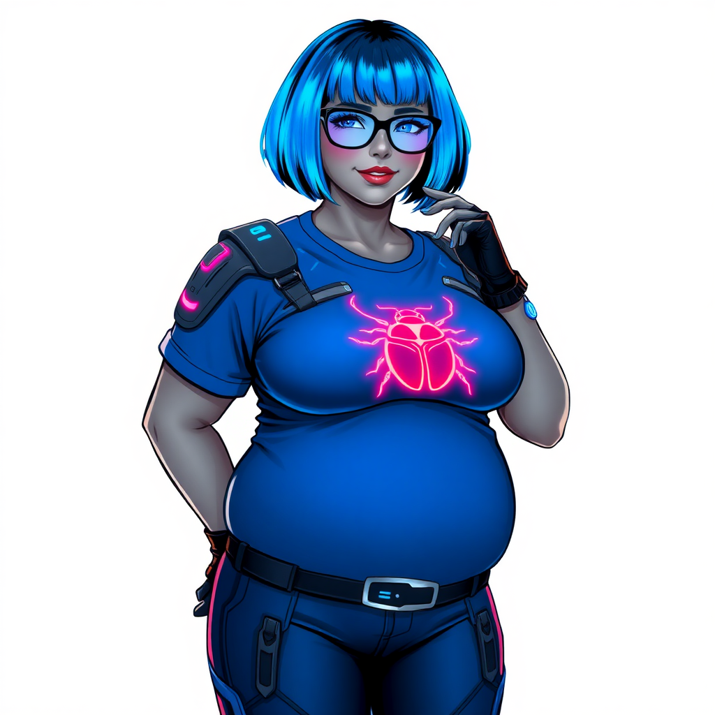 A 28-year-old, full-figured, metallic middle gray skinned computer program hybrid with a vibrant maximum blue bob cut. She has a non-athletic build, highlighted by a prominent, round, large midsection (fully emphasizing her round large belly) while being covered by her large t-shirt, reflecting her new junk food eating habits influenced by her boyfriend. As the full-figured, nerdy, digital sidekick to her cyberpunk vigilante boyfriend, her middle gray metallic skin and maximum blue lipstick underscore her digital essence. She dons a digital, computerized outfit: a large, tight-fitting, maximum blue t-shirt with neon blue glowing scarab beetle themed accents complete by a giant neon blue glowing beetle icon on the chest, hi-tech shoulder pads with neon blue accents, a black hi-tech belt with a digital neon blue glowing buckle, digital maximum blue pants with neon blue accents, and black hi-tech gloves with neon blue glowing accents. Her neon blue glowing eyes, black eyeglasses with neon blue glowing lenses equipped with a built-in HUD, and shy smile with neon red blush highlight her nerdiness. She stands bashfully with one hand behind her back and the other gently touching her cheek, her outfit covering all her bare skin and fully emphasizing her full-figured physique (especially her large belly). She is clearly non-athletic, with a heavy focus on her full-figured physique (with full emphasis on her large belly). Despite her build, she radiates beauty. Her slim face contrasts with her physique, accentuating her radiant beauty. She is set against a solid white background. She is drawn as if she were in a retro 2D cyberpunk fighting game.