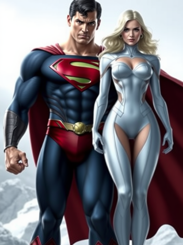 Generate a full-length image of Superman with the body type of Emma Frost, retaining his head. Modify his body attributes to match Emma Frost's physique. Incorporate elements of Emma Frost's costume into Superman's appearance. Set the image against a background appropriate for both characters.