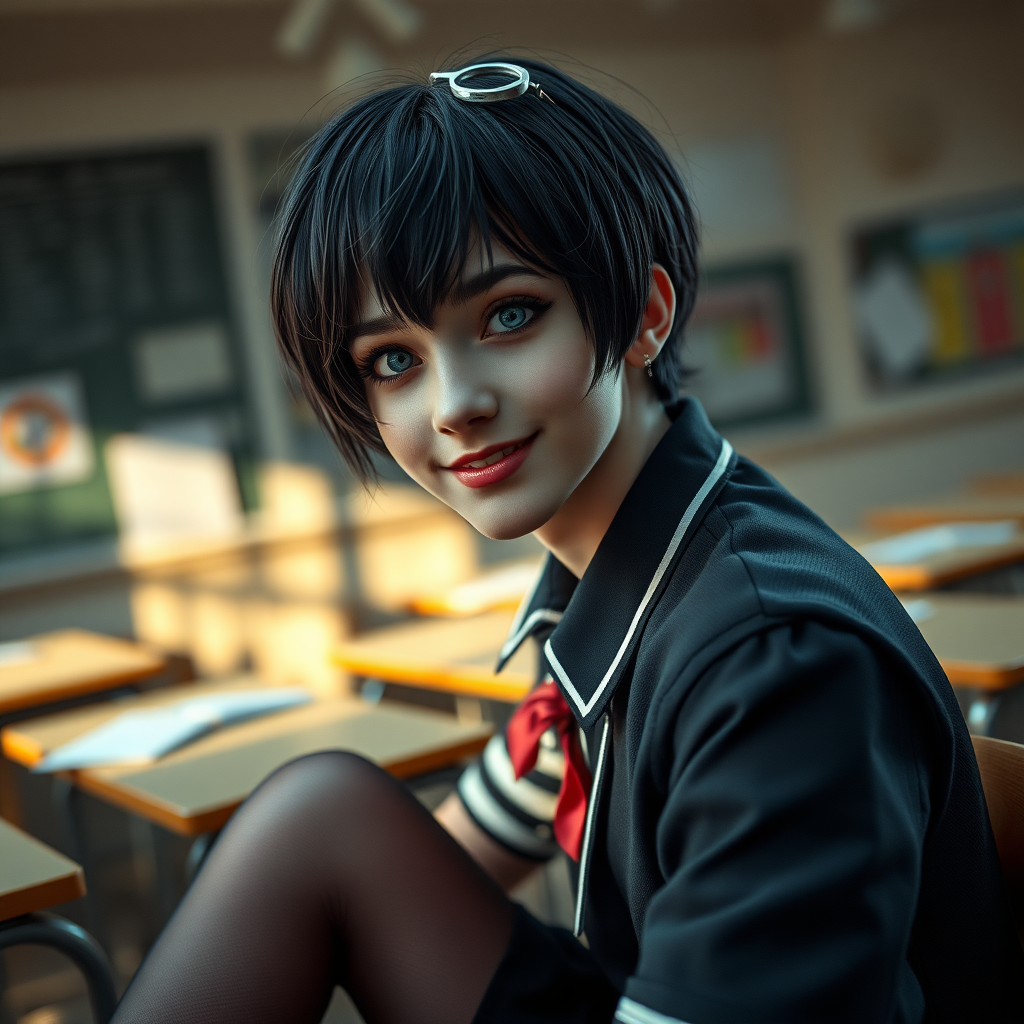 photorealistic, ultra high resolution, 16K, surreal fantasy, soft studio lighting, a pretty 16 year old goth male, slim male physique, short dark hair, blue eyes, goth makeup, earrings, sheer pantyhose, UK girls-school uniform, Mary-Jane shoes, sitting in the classroom, excited smile, facing the camera.