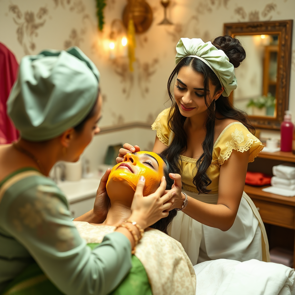 female french maid working in beauty parlour, giving turmeric facial to indian wife