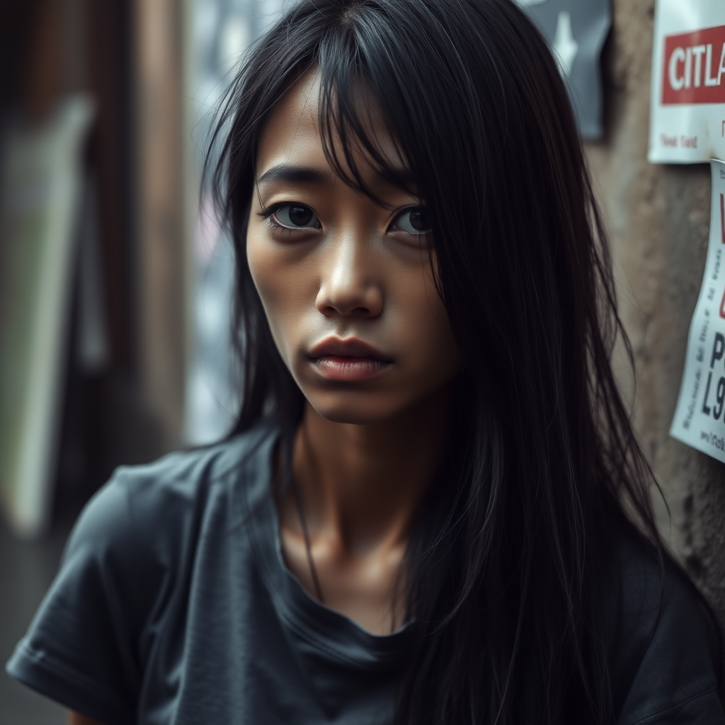 A very thin, mysterious but still pretty, sad and homeless, about 30 years old, healthy, young-at-heart Asian woman with a very dark skin color and with a T-shirt and long, jet-black hair and very typical and black Asian eyes, is very ashamed to look me in the eye and almost cries.