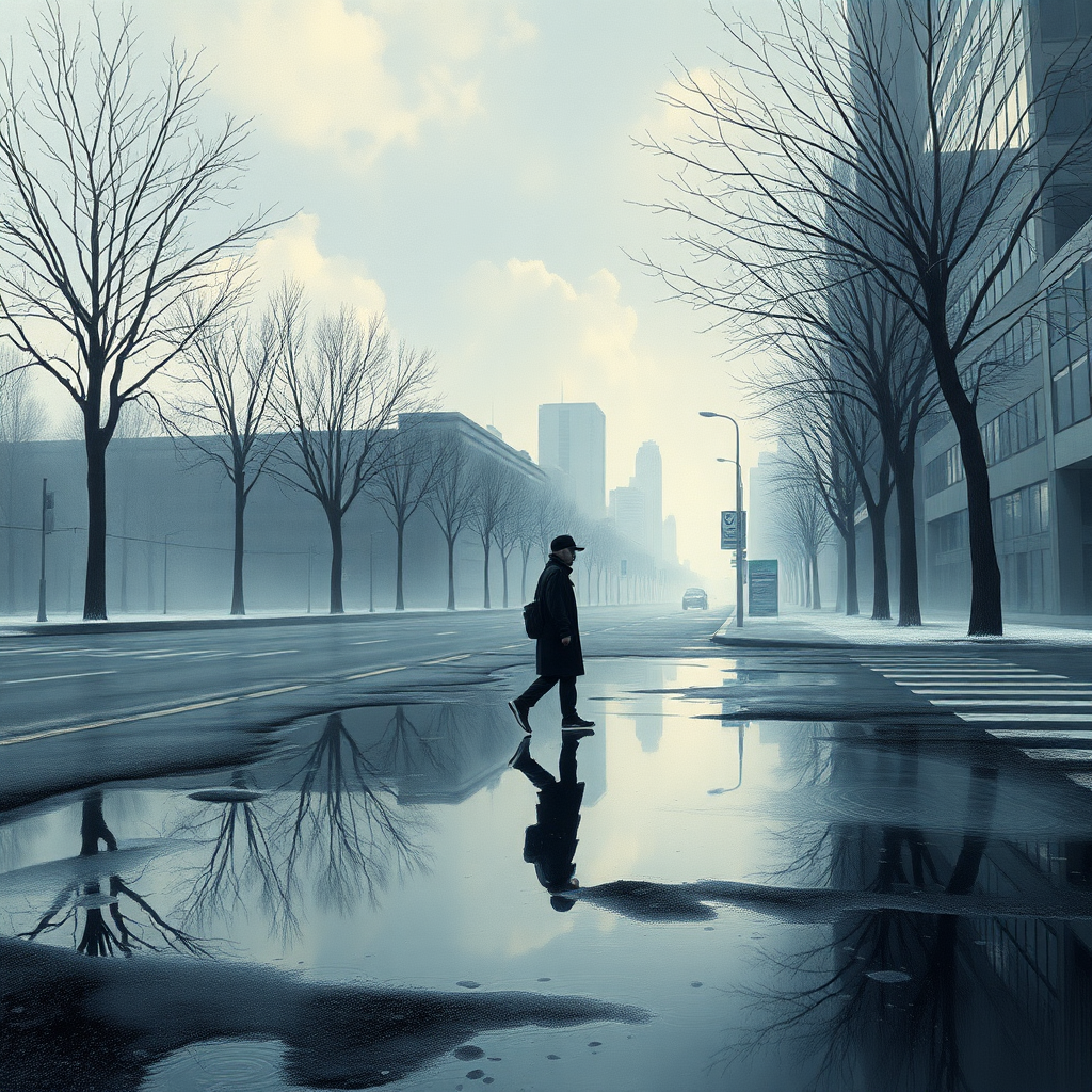 **Revised Image Prompt**

---

### **Title:**
**Solitary Reflections**

### **Artistic Vision:**
Create a profoundly moving acrylic impasto painting that captures the silent journey of a lone figure navigating an urban landscape. The artwork should intertwine hyper-realistic detail with an ethereal, dreamlike atmosphere, evoking contemplation on themes such as humanity’s relationship with nature and spirituality. This piece aims to resonate emotionally with viewers, leaving a lasting impression through its serene yet somber mood and meticulous artistry.

### **Scene Description:**
Depict a solitary figure crossing an urban street beside a large puddle that mirrors the cloudy, overcast early spring sky and the starkly bare trees in the background. The composition should evoke a serene yet somber atmosphere, seamlessly blending the gloomy cityscape with the tranquil reflections in the puddle. Employ an off-center placement for the subject to draw the viewer’s eye across the scene, balancing the intimate close-up of the figure and puddle with the expansive urban backdrop.

### **Key Artistic Elements:**
- **Chiaroscuro Lighting:** Utilize a tranquil chiaroscuro effect with a subtle interplay of light and shadow to enhance depth and clarity.
- **Color Palette:** Implement soft, delicate colors complemented by striking contrasts between the bright reflections in the puddle and the gloomy sky.
- **Textures:** Use hyper-realistic textures with 3D brush strokes to create a tactile, immersive experience.
- **Composition:** Achieve a balanced and cohesive layout that captivates both technically and emotionally, emphasizing gentle, lifelike depth.

### **Technical and Artistic Specifications:**

- **Resolution & Display:**
  - Render in stunning **64K UHD** resolution with a broad color spectrum and intricate detail, ideal for high-profile platforms like ArtStation and Behance.
  
- **Digital Art Techniques:**
  - Utilize advanced tools such as **Corel Painter**, **ZBrush**, and **Adobe Photoshop** to achieve remarkable 3D volume, exquisite shading, and ultra-fine detailing.
  
- **Materials & Textures:**
  - Incorporate high-quality pigments, metallic flakes, and glass beads to ensure textures radiate vibrancy under raking light.
  
- **Lighting & Depth:**
  - Implement a tranquil chiaroscuro effect with a subtle interplay of light and shadow.
  - Use soft, delicate colors alongside nuanced shades of grey, black, and white to enhance depth without overwhelming.
  
- **Rendering Quality:**
  - Employ advanced rendering techniques and 3D volumetric effects for unparalleled detail and sharpness.
  - Include a hyper-realistic pencil sketch texture for intricate details.
  
- **Composition & Focus:**
  - Emphasize gentle, lifelike depth and striking details with a cinematic close-up approach.
  - Use a balanced **f/11 aperture** and a raw photographic style with advanced v6 enhancements to render vivid colors and minute details at an unparalleled level of realism.
  
- **Overall Harmony:**
  - Achieve maximum harmony across all elements, resulting in a balanced and cohesive composition that captivates both technically and emotionally.

### **Additional Elements to Include:**
- **Symbolism:** Integrate subtle gestures, expressions, or symbolic motifs to add deeper emotional resonance, provoking contemplation on the depicted themes.
- **Detailing:** Ensure impeccable draughtsmanship with flawless anatomical precision in the figure and botanical accuracy in the bare trees.
- **Lighting Effects:** Utilize the interplay of light and shadow to evoke lifelike realism and enhance the dreamlike atmosphere.

### **Final Outcome:**
The final artwork should be a compelling masterpiece that captivates viewers, encouraging them to pause and reflect long after experiencing it. It should demonstrate peerless technical mastery combined with a profound artistic vision, affirming art's vital role in cultural and intellectual life. The signature on the piece should signify its stature, standing proudly alongside works by history's masters.

---