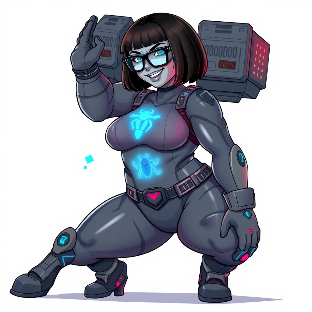 A heavily, extremely, and intensely pampered nerdy full-figured middle gray digital sidekick, a 28-year-old computer major, has been transformed by her doting vigilante boyfriend. Her distinct, metallic, middle gray skin and bob cut appear to blend together simulating computer data, and her neon blue eyes glow with intelligence. Her full-figured physique, now showcasing a gargantuan round midsection, colossal limbs, and broad shoulders, contrasted by a slim face, clearly reflects her indulgence and pampering. Her full figure is prominently highlighted, with her prominent, large, round midsection and thick limbs emphasizing her pampered sidekick status. As the loyal and supportive sidekick, she plays a crucial role in their missions, using her digital prowess to assist and protect.

She wears a digital middle gray suit with a neon blue glowing scarab beetle chest icon, digital middle gray boots with neon blue glowing scarab beetle themed accents, and matching high-tech gloves with matching accents. She bashfully giggles with a neon red blush, emitting neon blue data cubes from her body. Her full figure clearly shows how pampered she is. Her nerdiness is accentuated by her black oversized eyeglasses.

Her outfit, influenced by DC’s Jennifer Knight Phantom Lady, remains distinct. Adding to her pampering, she serves as his minicomputer, traveling in his high-tech wristwatch and supercar’s computer system. Using her ability to hack into computers and machines, she relays crucial knowledge relating to his missions.

Her prominent, large, rounded midsection and thick limbs are on full display, emphasizing her indulgence and pampering while maintaining her nerdy physique. She is on a solid white background. She is drawn as if she was in a retro 2D cyberpunk fighting game. Ensure her midsection is round.