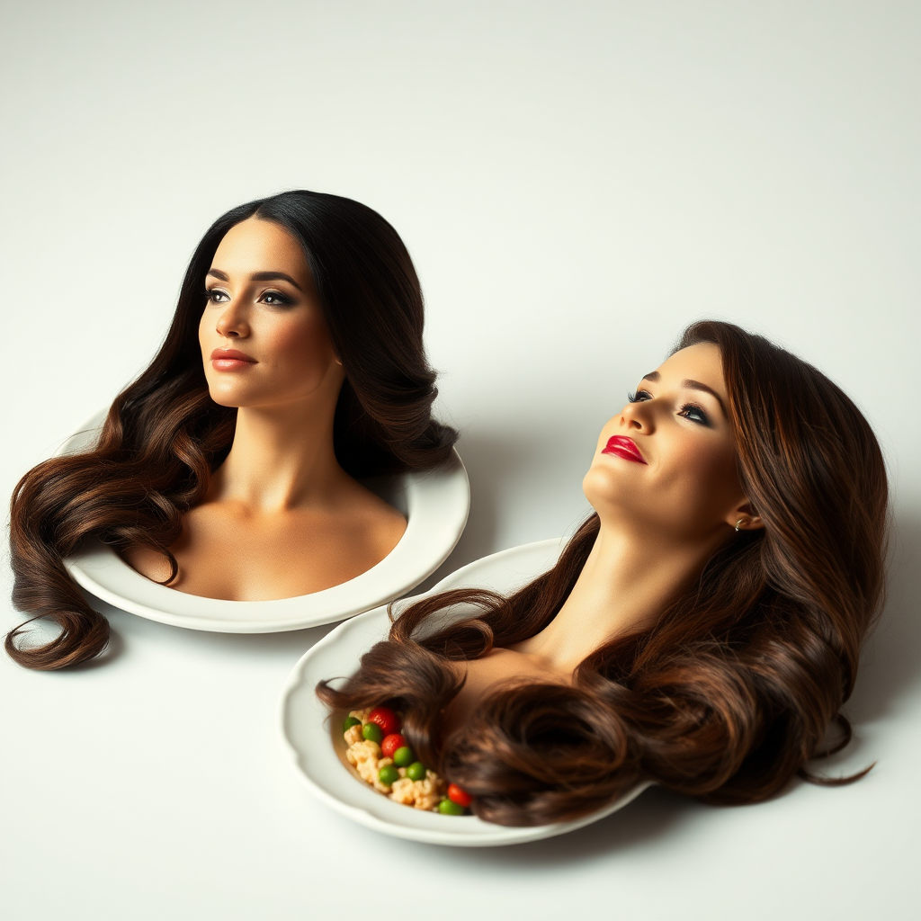 Surreal image of the disembodied heads of very long haired Meghan Markle and Kate Middleton served on plates.